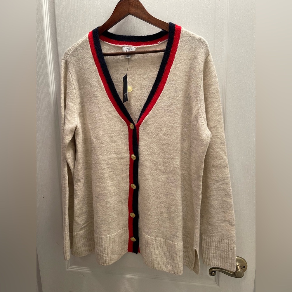 Crown & Ivy Cream Cardigan with Red and Navy Trim